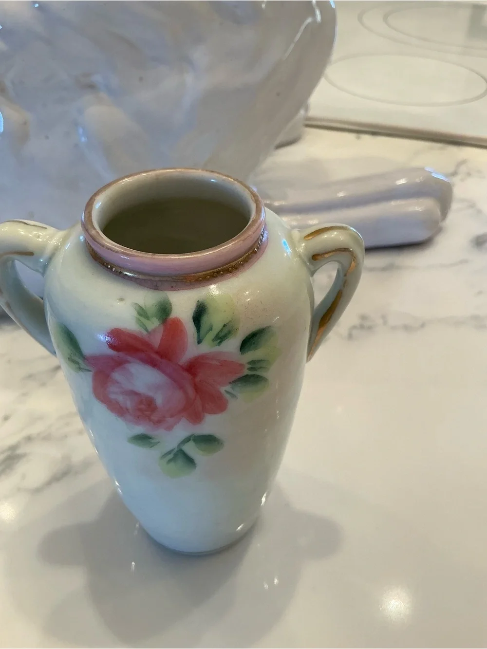 Nippon Hand-Painted Rose Porcelain Double-Handled Vase in Pink and Red